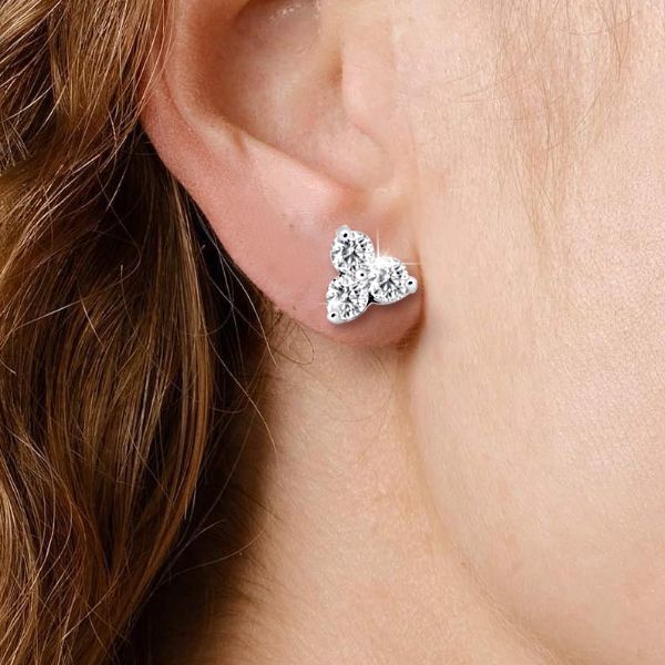 Three Stone Stud Earrings, White Sapphire Stud Earrings