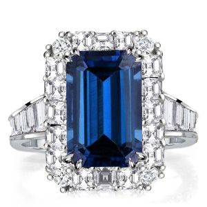 Italo Blue Sapphire Emerald Cut Engagement Ring Halo Ring