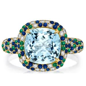 Italo Micro Pave Cushion Cut Aquamarine Wedding Rings For Women