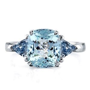 Italo 3 Stone Aquamarine Cushion Cut Engagement Ring