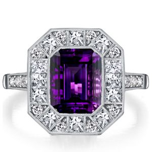 Italo Halo Emerald Cut Amethyst Vintage Engagement Ring