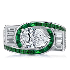 Italo Art Deco Pear Shaped Emerald Green Wedding Rings