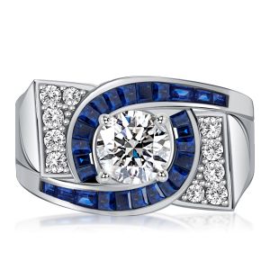 Italo Art Deco Round Cut Blue Sapphire Engagement Ring For Women