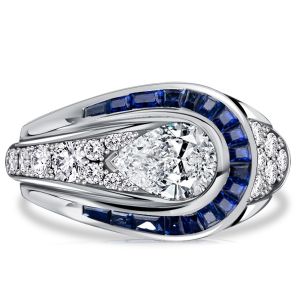 Italo Art Deco Blue Sapphire Pear Shaped Engagement Ring