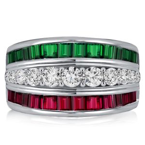 Italo Triple Row Emerald Green Wedding Band Ruby Ring