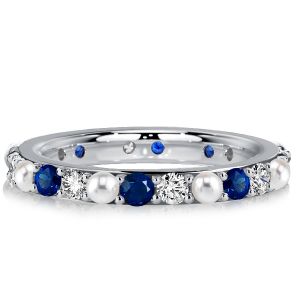 Italo White & Blue Sapphire Pearl Eternity Ring For Women