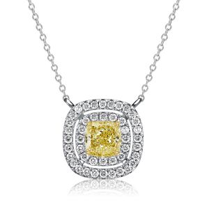 Italo Double Halo Yellow Topaz Cushion Cut Pendant Necklace