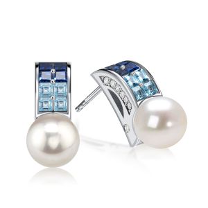 Italo Aquamarine Sapphire Pearl Stud Earrings In Sterling Silver