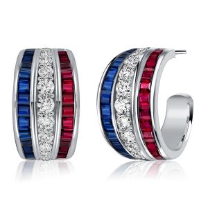 Italo Triple Row Blue Sapphire Ruby Hoop Earring For Women