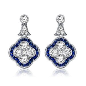 Italo White & Blue Sapphire 4 Leaf Clover Drop Earrings