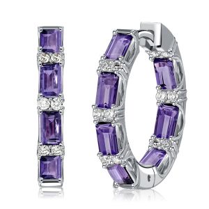 Italo Baguette Cut Amethyst Silver Hoop Earrings