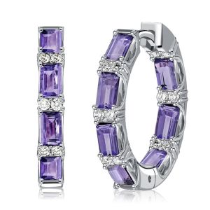 Italo Baguette Cut Amethyst Silver Hoop Earrings