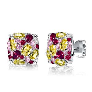 Italo Yellow Topaz Ruby Pink Stone Multi Color Stud Earrings