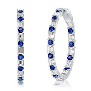 Italo Blue Sapphire Baguette Cut Sterling Silver Hoop Earrings