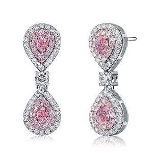 Italo Double Halo Pear Shaped Pink Stone Drop Earrings