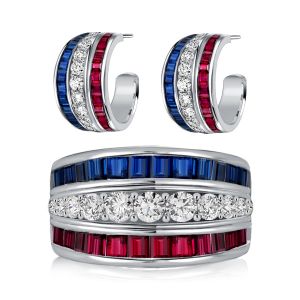 Italo Ruby Blue Sapphire Wedding Band & Hoop Earrings Set