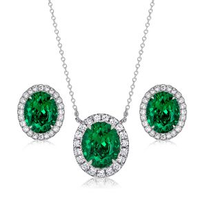 Italo Oval Green Emerald Sapphire Halo Necklace & Earrings Set