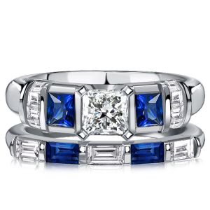 Italo Princess Cut Blue Sapphire Bridal Set Wedding Rings