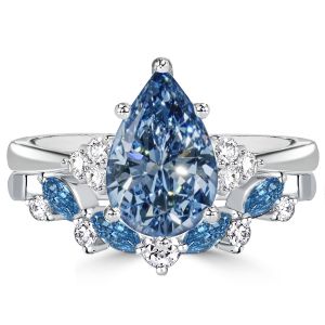 Italo Pear Shaped Blue Topaz Wedding Rings Bridal Set