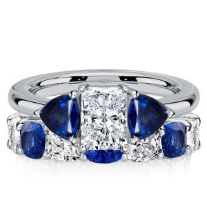 Italo White & Blue Radiant Cut 3 Stone Wedding Rings Bridal Set