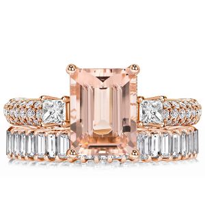 Italo Rose Gold Morganite Emerald Cut Wedding Rings Bridal Set