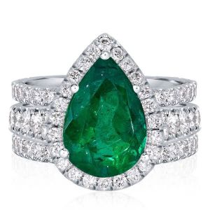 Italo Halo Pear Cut Emerald Color Sapphire 3PC Wedding Set