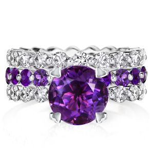 Round Cut Purple & White Sapphire Eternity 3PC Wedding Set