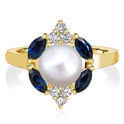 Italo Golden Blue Sapphire Pearl Engagement Ring Halo Ring