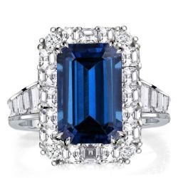 Italo Blue Sapphire Emerald Cut Engagement Ring Halo Ring