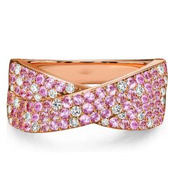 Italo Paved Pink Stone Micro Pave Crossover Ring Criss-Cross Wedding Band