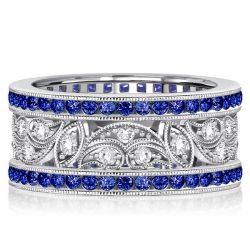 Italo Art Deco Blue Sapphire Vintage Wedding Band Anniversary