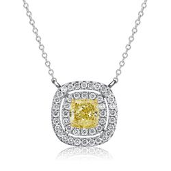 Italo Double Halo Yellow Topaz Cushion Cut Pendant Necklace