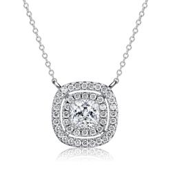 Italo Double Halo White Sapphire Cushion Cut Pendant Necklace