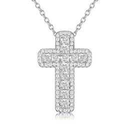 Italo Halo Cushion Cut Cross Necklace In Sterling Silver