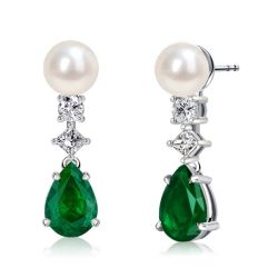 Italo Pear Cut Emerald Pearl Drop Earrings In Sterling Silver