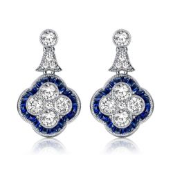 Italo White & Blue Sapphire 4 Leaf Clover Drop Earrings