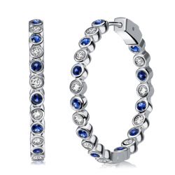 Italo Bezel Set White & Blue Sapphire Silver Hoop Earrings