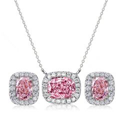 Italo Pink Stone Cushion Cut Halo Necklace & Earrings Set